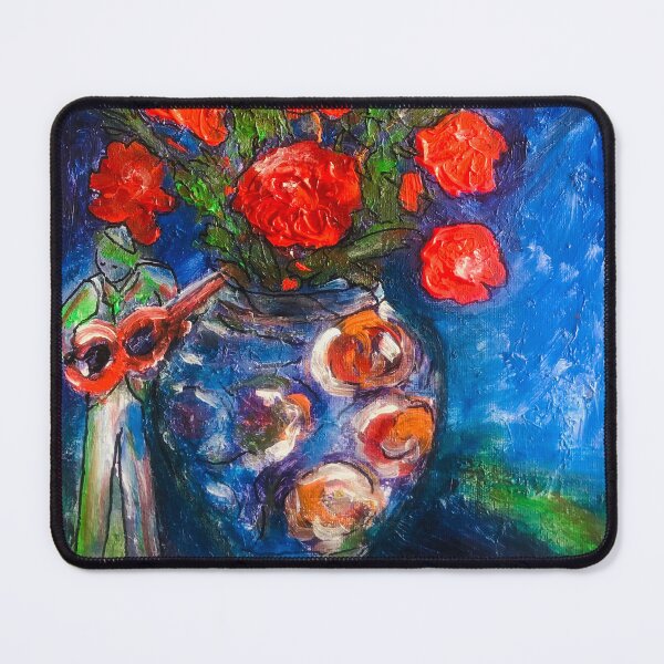 Item preview, Chagall-Inspired Red Roses & Music – Dreamy Valentine Love Art Painting designed and sold by Nikkiart24.redbubble.com.