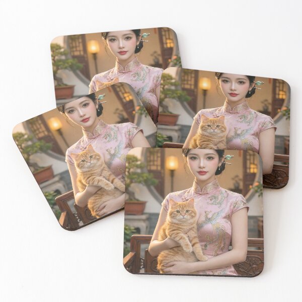 Item preview, Elegant Pink Cheongsam Lady with Ginger Cat designed and sold by ASMRUniverse.