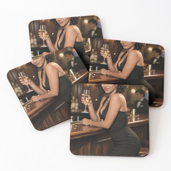 Item preview, Sarah in black dress with champagne at bar designed and sold by CathryneDelamort.