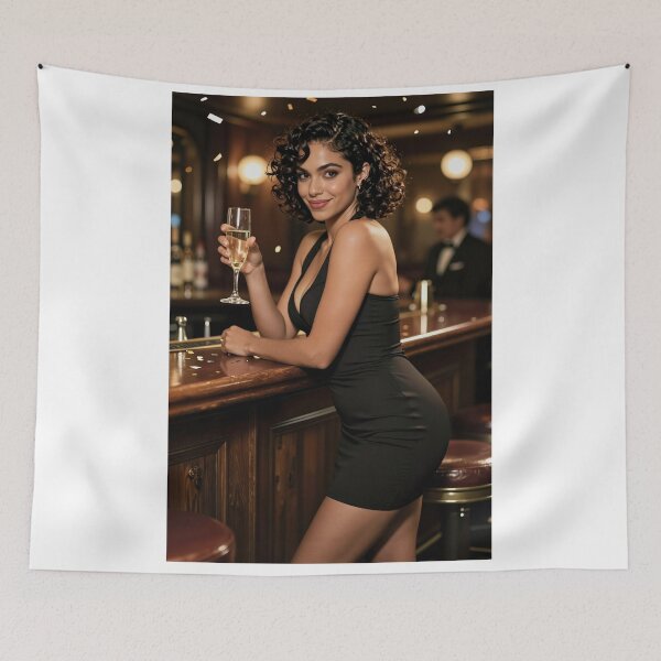 Item preview, Sarah in black dress with champagne at bar designed and sold by CathryneDelamort.