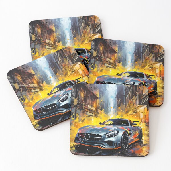 Item preview, Track‑focused silver coupe exploding through neon city spray designed and sold by RevUpDesign.