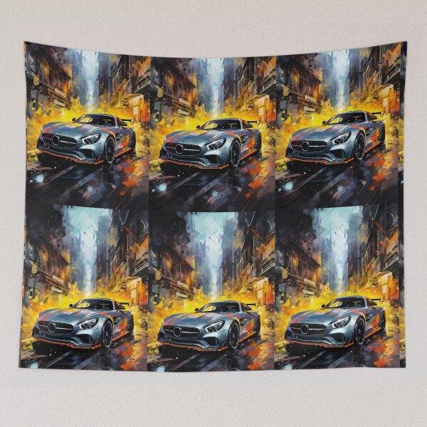 Item preview, Track‑focused silver coupe exploding through neon city spray designed and sold by RevUpDesign.