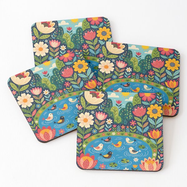 Item preview, A chirpy fantastical pond in a garden of giant, blooming flowers. designed and sold by Ponted.