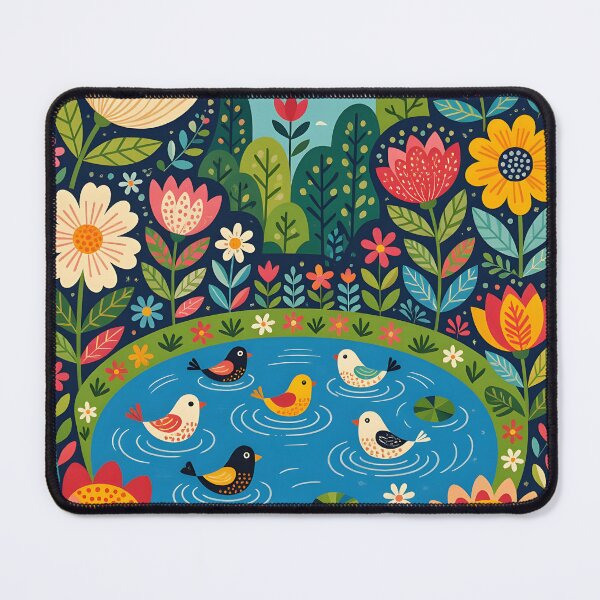 Item preview, A chirpy fantastical pond in a garden of giant, blooming flowers. designed and sold by Ponted.