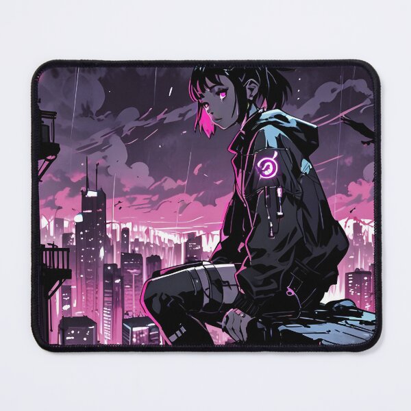 Item preview, NEON: Monochrome Rainy Rooftop Sprawl | Cute Cyberpunk Anime Girl designed and sold by Sytrics.