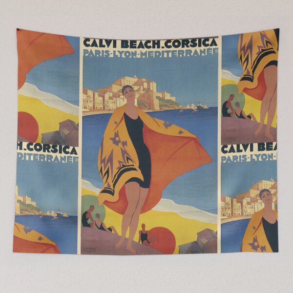Item preview, Calvi Beach Corsica Elegant Woman On Coastal Travel Poster : Vintage designed and sold by artofuniverse.