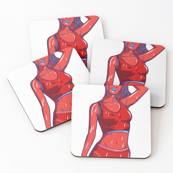 Item preview, Pop art woman posing with bright blue lips and red sportswear designed and sold by Creative88Art.