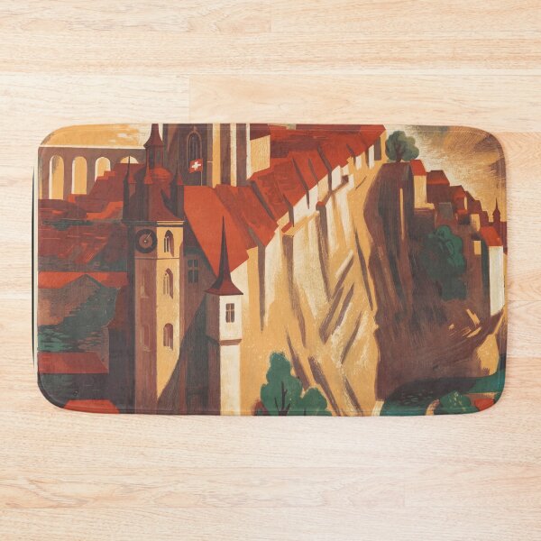 Item preview, Fribourg Suisse Schweiz Historic European Cityscape Riverside Cliffs Travel Poster : Vintage Art designed and sold by artofuniverse.