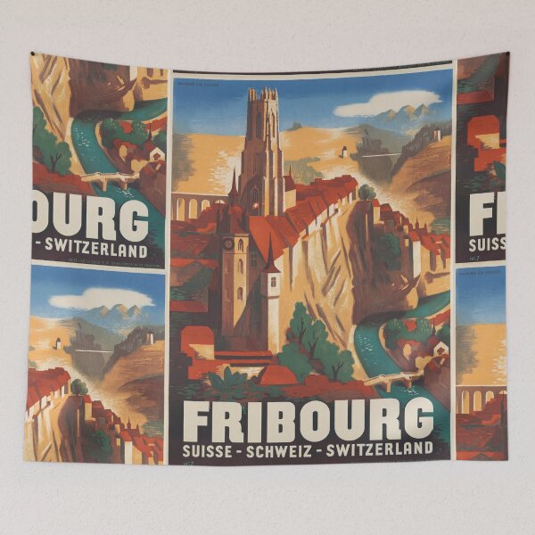 Item preview, Fribourg Suisse Schweiz Historic European Cityscape Riverside Cliffs Travel Poster : Vintage Art designed and sold by artofuniverse.