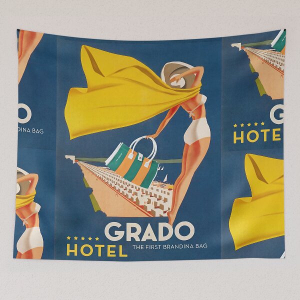 Item preview, Stylized Beach Woman Striped Tote Bag Advertisement Poster : Retro Advertising designed and sold by artofuniverse.