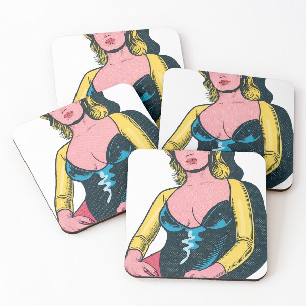 Item preview, Pop art blonde heroine in black leotard with red leggings on black designed and sold by Creative88Art.