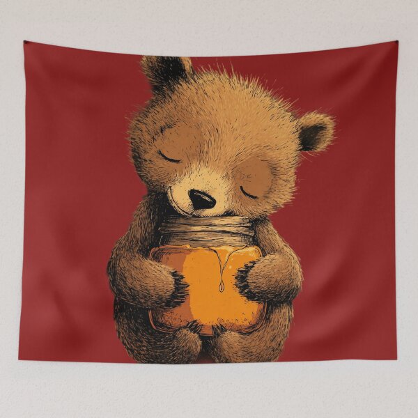 Item preview, Sleeping bear cub with honey jar – Fluffy kawaii illustration designed and sold by Meiersbeste.