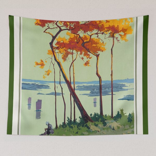 Item preview, Golfe du Morbihan Coastal Landscape With Trees Sailboats Travel Poster : Vintage Artwork designed and sold by artofuniverse.