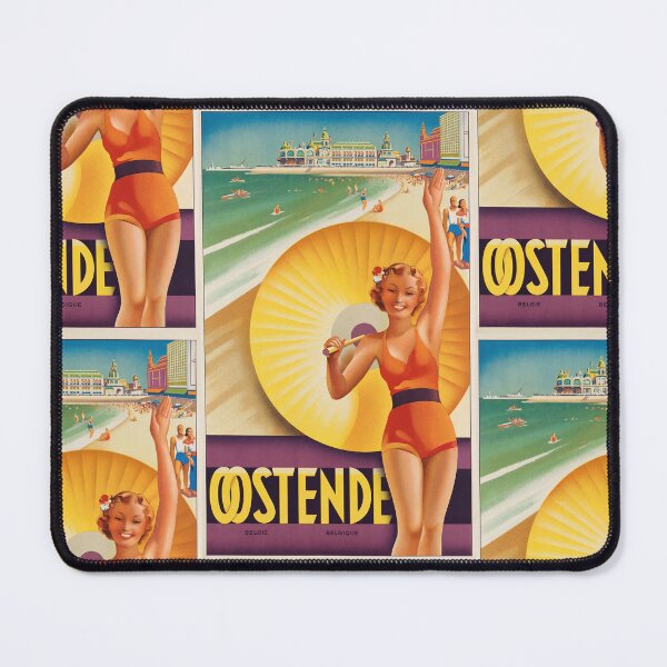 Item preview, Oostende Smiling Woman With Parasol Beach Resort Travel Poster : Vintage designed and sold by artofuniverse.