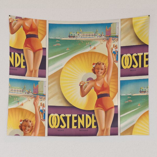 Item preview, Oostende Smiling Woman With Parasol Beach Resort Travel Poster : Vintage designed and sold by artofuniverse.