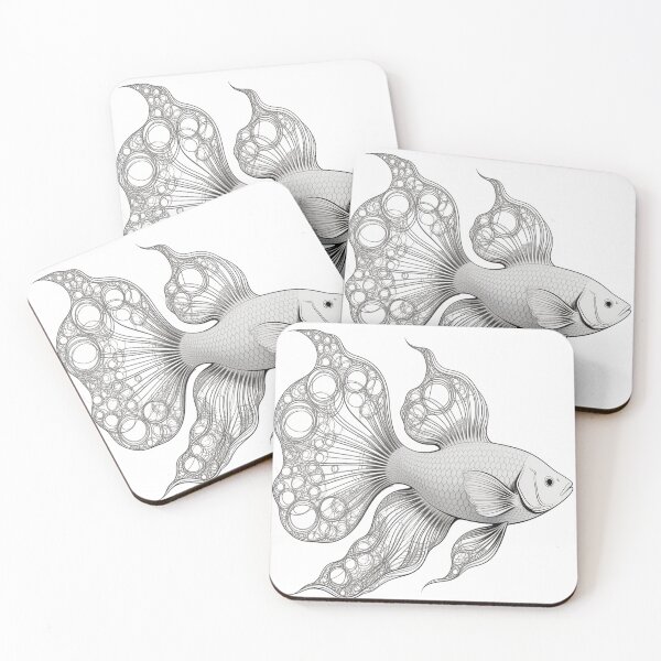 Item preview, Modern Minimalist Black and White Line Art of Graceful Fantasy Fish with Bubble Patterns designed and sold by ARTCREATESHOP.