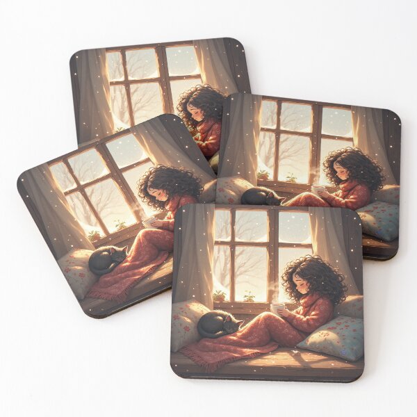 Item preview, Cozy Winter Cat Illustration – Girl by Snowy Window with Warm Tea & Sleeping Cat bu NegarTv Designs designed and sold by NegarTv Designs.