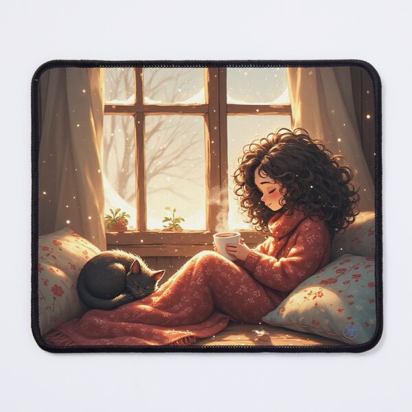 Item preview, Cozy Winter Cat Illustration – Girl by Snowy Window with Warm Tea & Sleeping Cat bu NegarTv Designs designed and sold by NegarTv Designs.