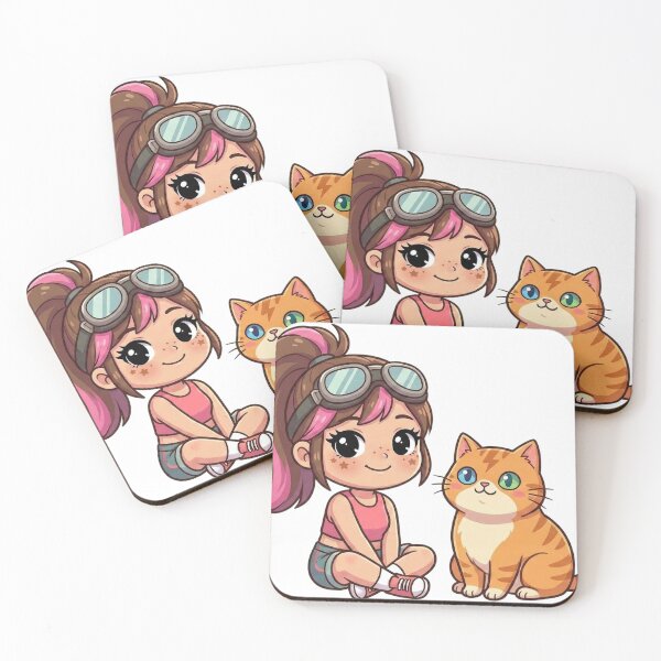 Item preview, Mika & Tuff Cute Chibi Best Friends - Girl with Goggles and Heterochromia Cat designed and sold by Mika & Tuff.