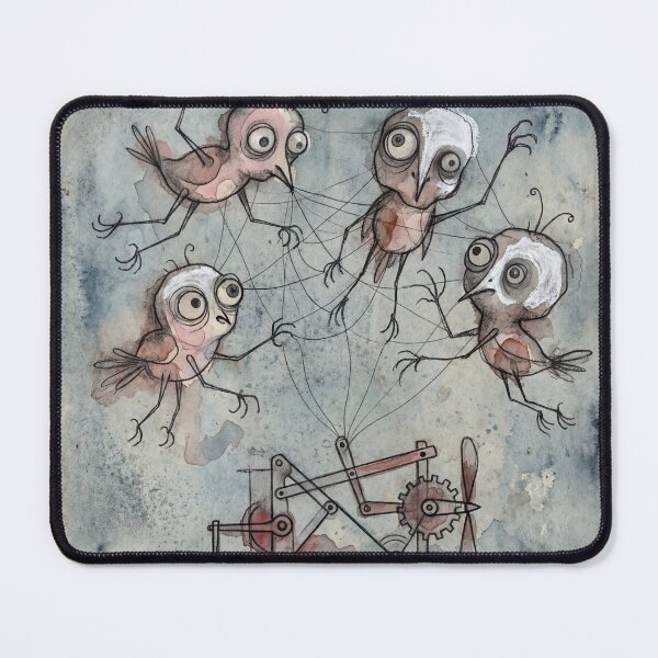 Item preview, Tim Burton Style Surreal Birds Poster Ink Birds on Strings Machine, Whimsical Modernist Puppet Wall Art Print, Halloween Studio Decor designed and sold by AbstractAuraArt.
