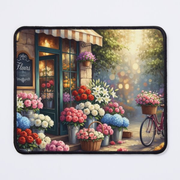 Item preview, French Flower Shop and Bicycle Paris France Painting Scene Street dining room, kitchen designed and sold by TheTimeTaxi.