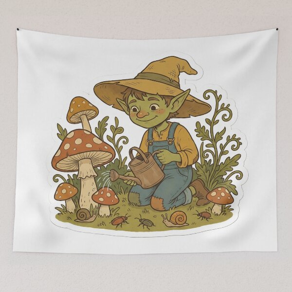 Item preview, Cozy Fantasy Garden Goblin Retro 70s Storybook Aesthetic Herbalist Mushroom designed and sold by StickyGuys.
