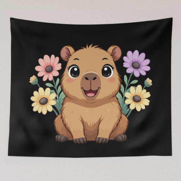 Item preview, Adorable Happy Cute Capybara with Pastel Flowers - Black designed and sold by Blooms & Paws Haven .