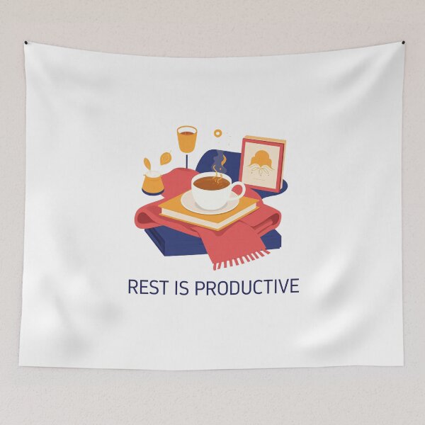 Item preview, Rest is productive message with coffee and cozy setup on a table at home designed and sold by SpaceartLilu.