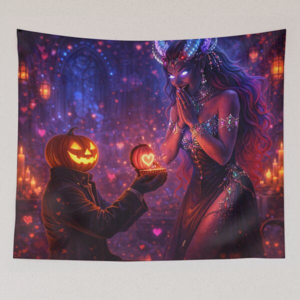 Item preview, Headless Horseman Demon Romance Proposal – Enchanted Valentine Fantasy Glow Art designed and sold by TheHorsemanRidesAgain.