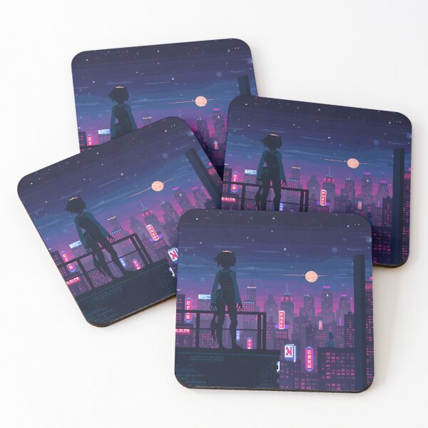 Item preview, Pixel Art Retro City Rooftop At Night Synthwave Neon Skyline designed and sold by ThePixelArchive.