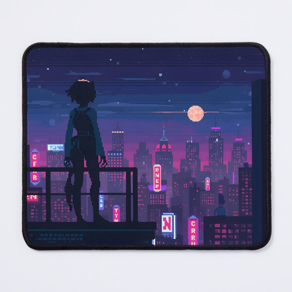 Item preview, Pixel Art Retro City Rooftop At Night Synthwave Neon Skyline designed and sold by ThePixelArchive.