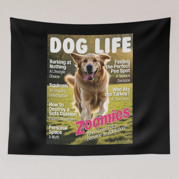 Item preview, Dog Life Magazine Cover – Funny Golden Retriever Zoomies Humor designed and sold by FrancophileFun.