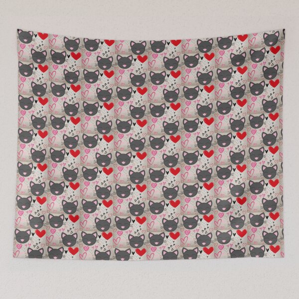 Item preview, Playful Black Cat Faces with Colorful Heart Doodles on Yellow Smoke designed and sold by larissa-myrie.