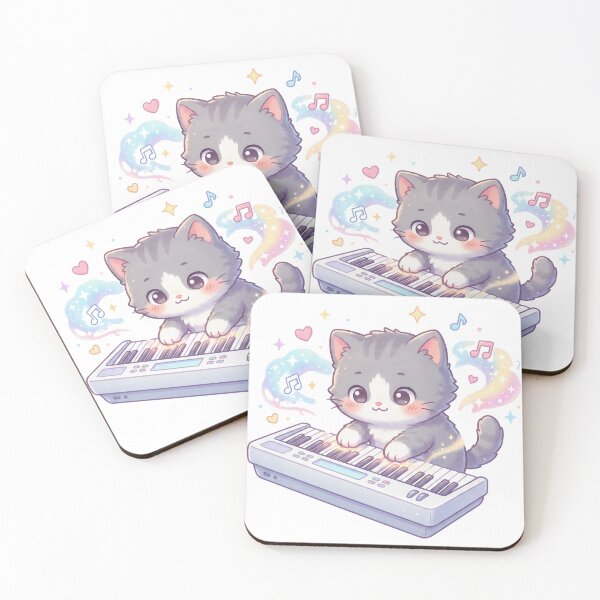 Item preview, Kawaii Gray Kitten with Keyboard Cute Piano Cat designed and sold by Quillway.