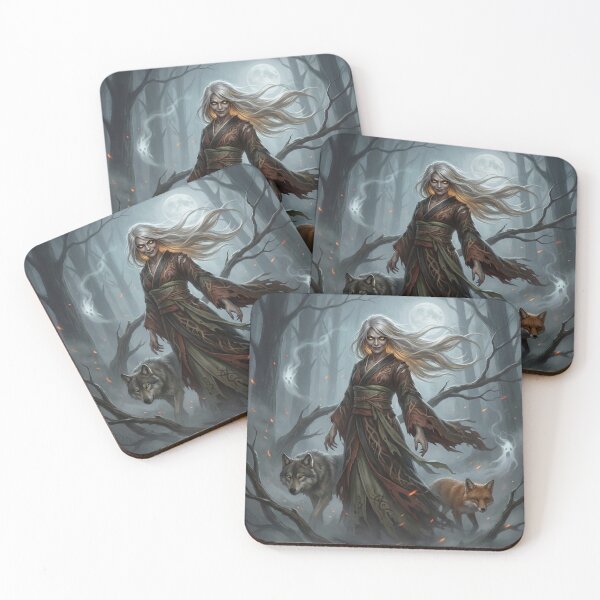 Item preview, Japanese Forest Witch with Wolves and Fox – Dark Fantasy Yokai Art Print designed and sold by Mori-no-Akari.