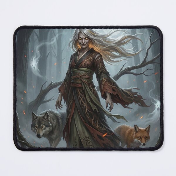 Item preview, Japanese Forest Witch with Wolves and Fox – Dark Fantasy Yokai Art Print designed and sold by Mori-no-Akari.
