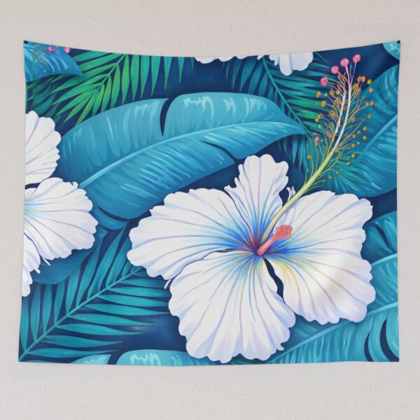 Item preview, Tropical Bliss White Hibiscus Floral Pattern – Blue Jungle Botanical Aesthetic Art designed and sold by anandsiva2703.