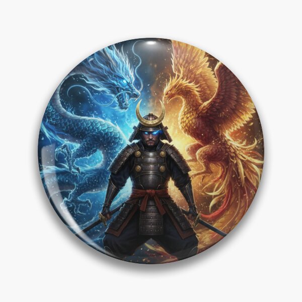Item preview, Samurai with Blue Dragon and Fire Phoenix – Epic Japanese Fantasy Art Print designed and sold by Mori-no-Akari.