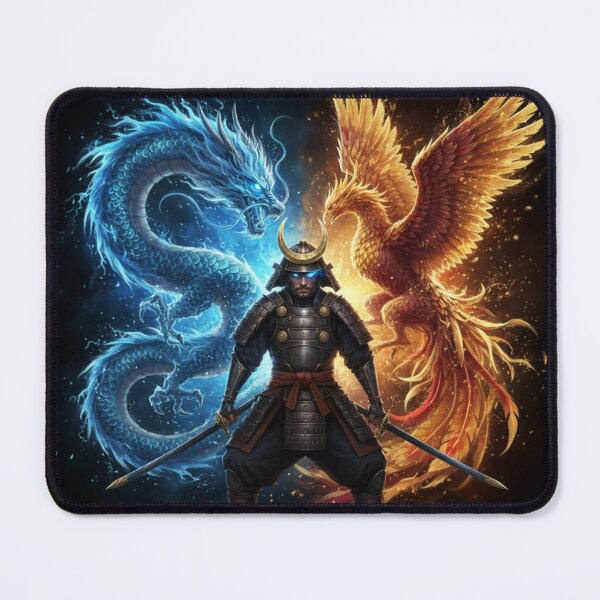 Item preview, Samurai with Blue Dragon and Fire Phoenix – Epic Japanese Fantasy Art Print designed and sold by Mori-no-Akari.