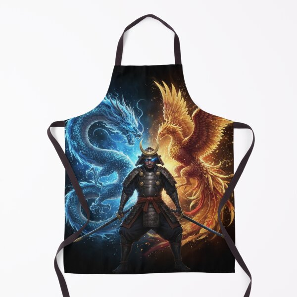 Item preview, Samurai with Blue Dragon and Fire Phoenix – Epic Japanese Fantasy Art Print designed and sold by Mori-no-Akari.