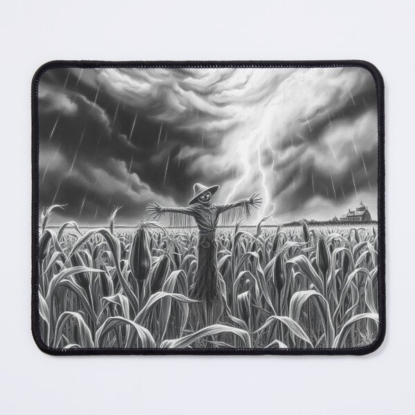 Item preview, Creepy Scarecrow in Stormy Cornfield Horror Art Black and White designed and sold by EllDAV777.