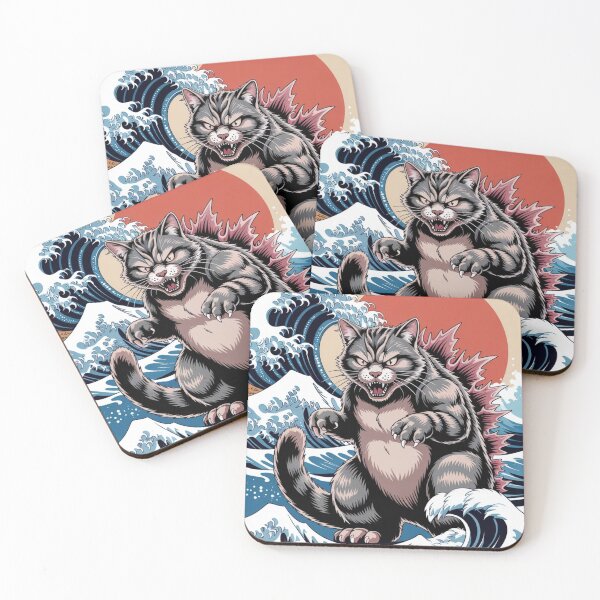 Item preview, Kaiju Cat vs Great Wave – Japanese Ukiyo-e Inspired Cat Illustration designed and sold by flagylART.