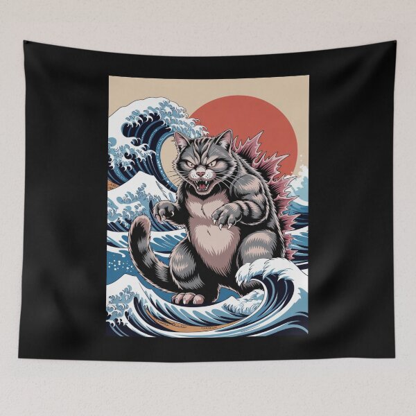 Item preview, Kaiju Cat vs Great Wave – Japanese Ukiyo-e Inspired Cat Illustration designed and sold by flagylART.