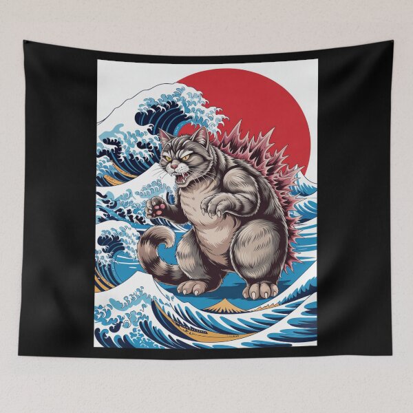 Item preview, Kaiju Cat vs Great Wave – Japanese Ukiyo-e Inspired Cat Illustration designed and sold by flagylART.