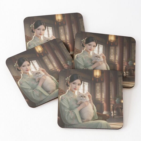 Item preview, Elegant Lady in Green Cheongsam Holding Cat designed and sold by ASMRUniverse.