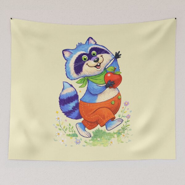 Item preview, Cute Happy Raccoon with Apple – Whimsical Woodland Animal Illustration designed and sold by anandsiva2703.