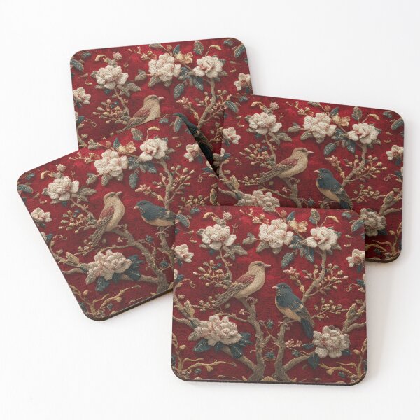 Item preview, Red Silk Floral White Flowers Two Birds Carpet designed and sold by GrinGalore.