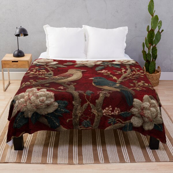 Item preview, Red Silk Floral White Flowers Two Birds Carpet designed and sold by GrinGalore.