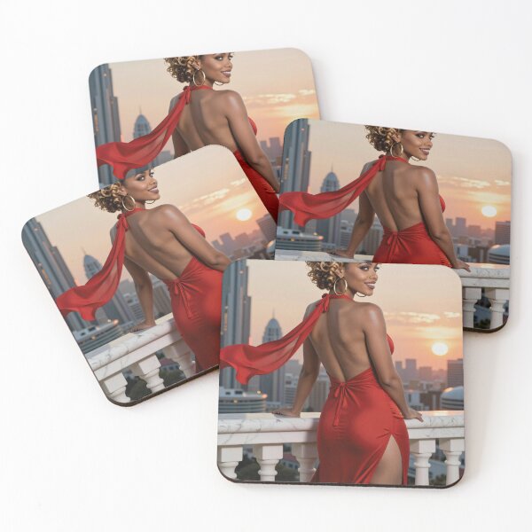 Item preview, Curly haired woman red gown city rooftop designed and sold by CathryneDelamort.