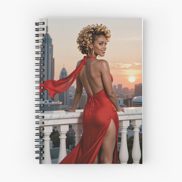Item preview, Curly haired woman red gown city rooftop designed and sold by CathryneDelamort.